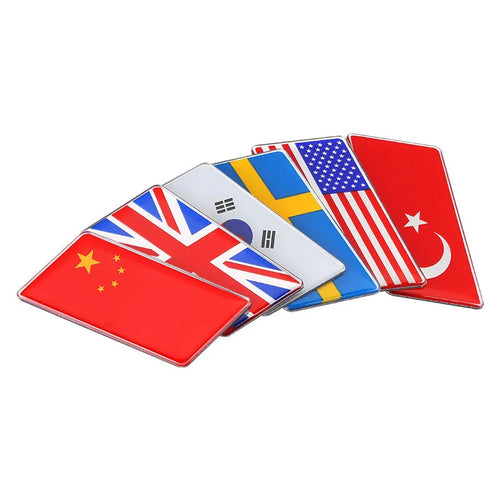 Aluminium national flag car sticker showing parallelogram shape and detailed flag design
