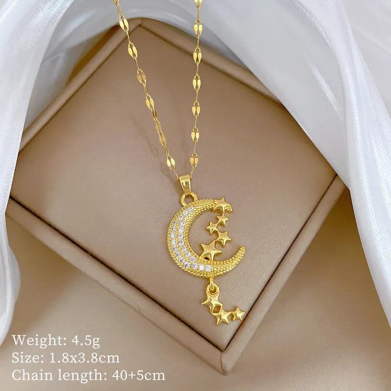 Full diamond necklace with geometric moon tassel pendant in stainless steel and copper construction