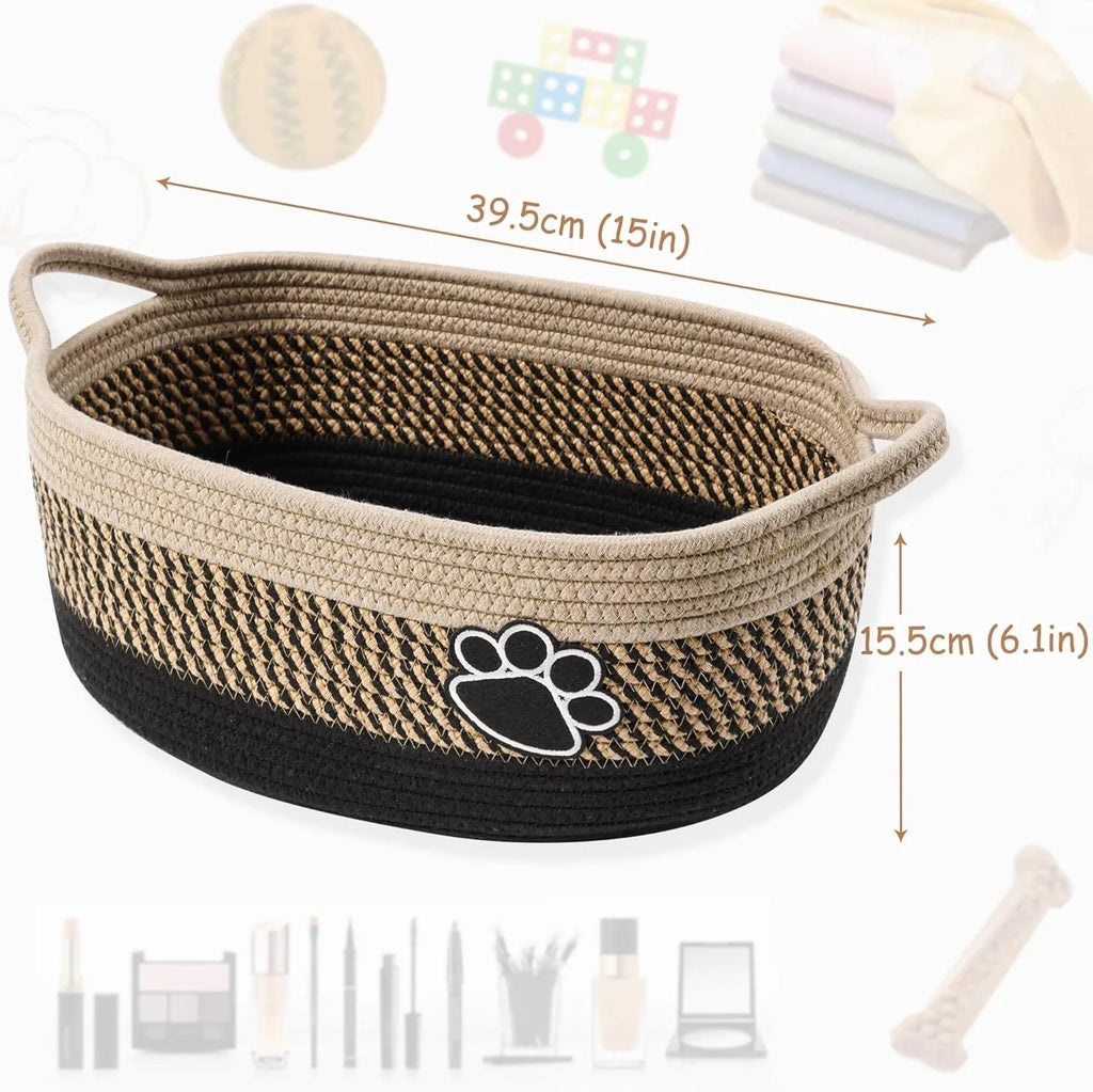 Handmade light beige cotton rope storage basket with wood elements measuring 34x26x15cm