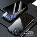Black magnetic privacy glass phone case with anti-spy screen for iPhone on a table.
