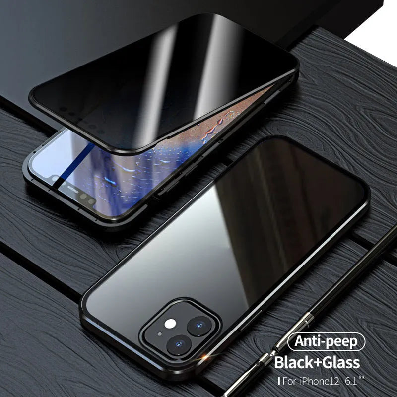 Black magnetic privacy glass phone case with anti-spy screen for iPhone on a table.