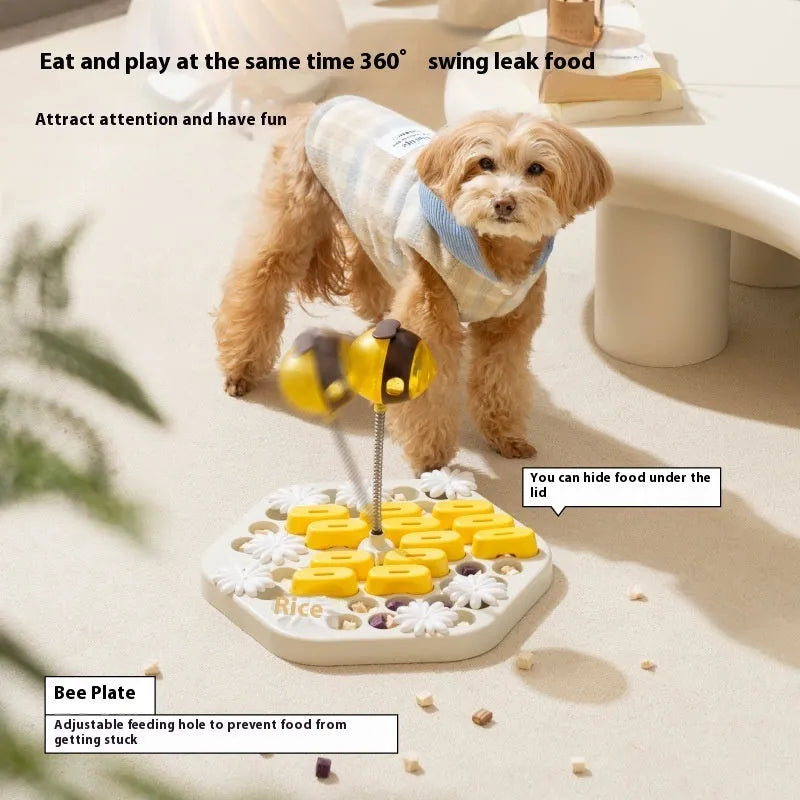 Honeycomb puzzle dog slow feeder in medium yellow or grey white plastic pet toy