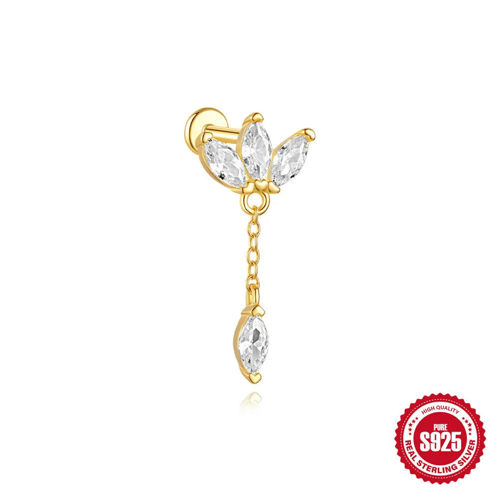 S925 sterling silver water drop earrings with flat spiral puncture detail in gold electroplated finish
