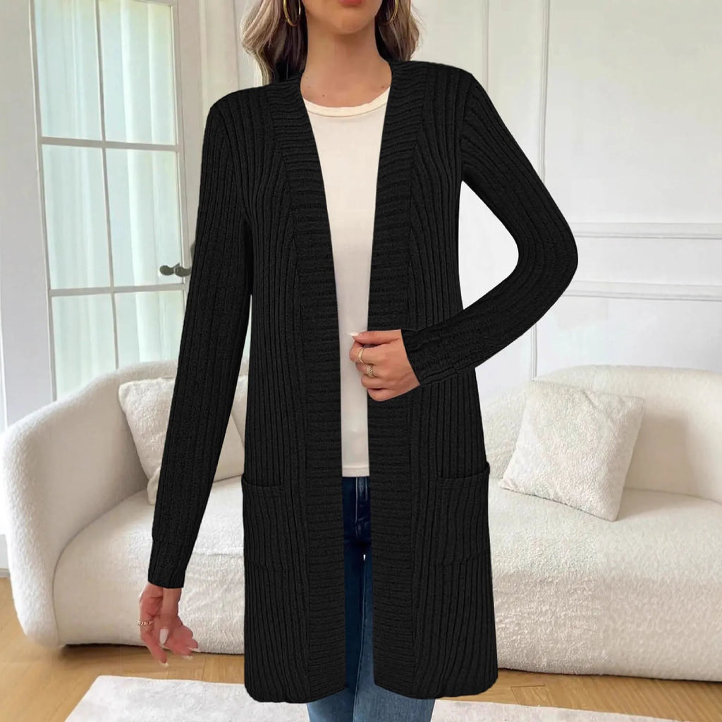 Long sleeve knitted cardigan jacket in black colour with loose pockets and regular sleeves