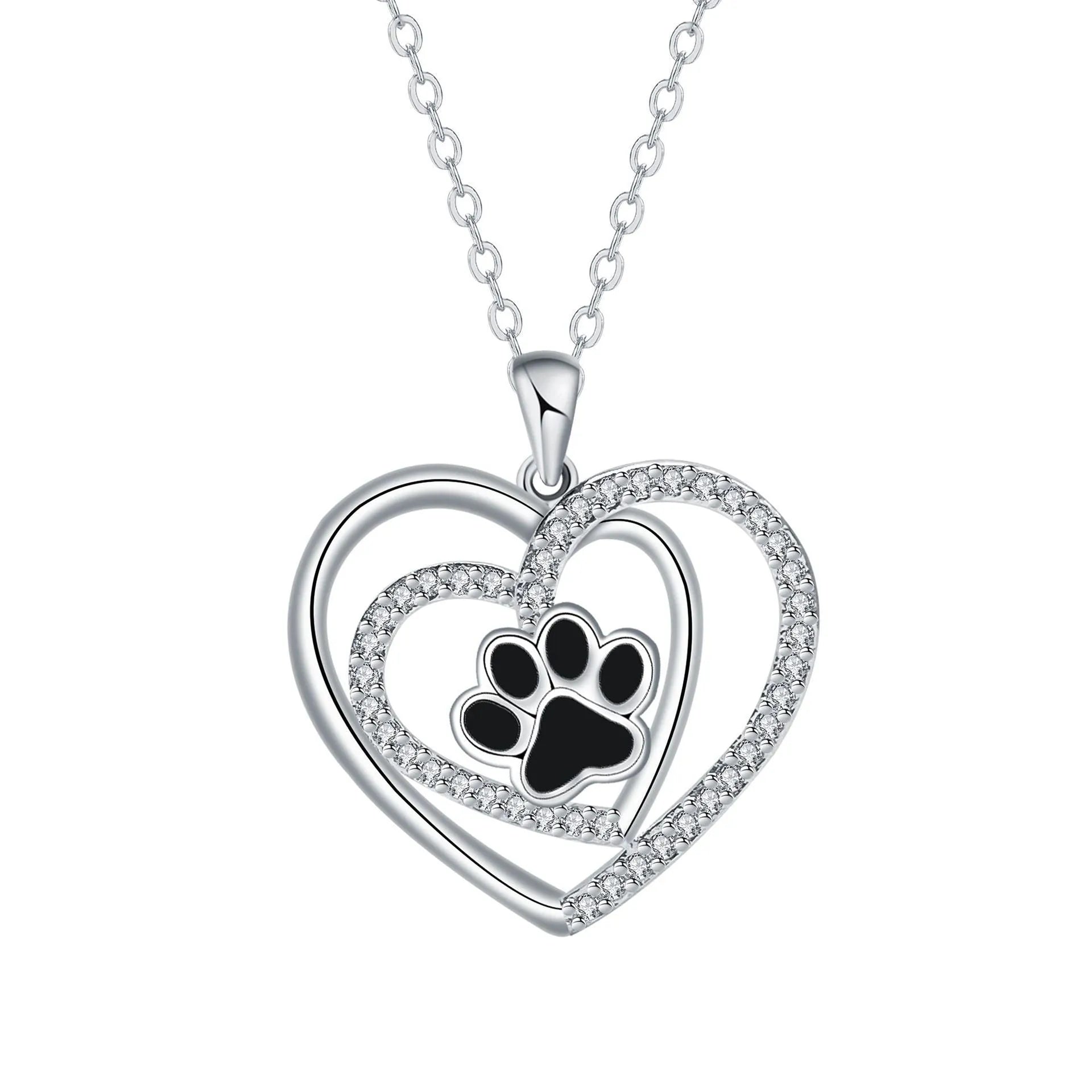 Original design heart-shaped copper necklace with a detailed dog paw print pendant on a cross chain.