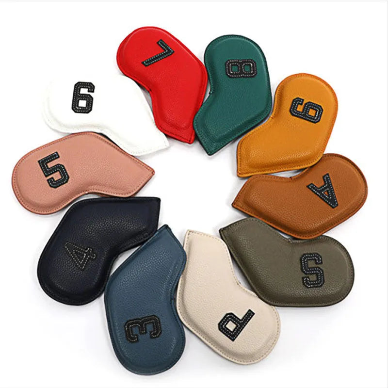 Set of 10 colourful digital printed PU golf club headcovers including ball head cover