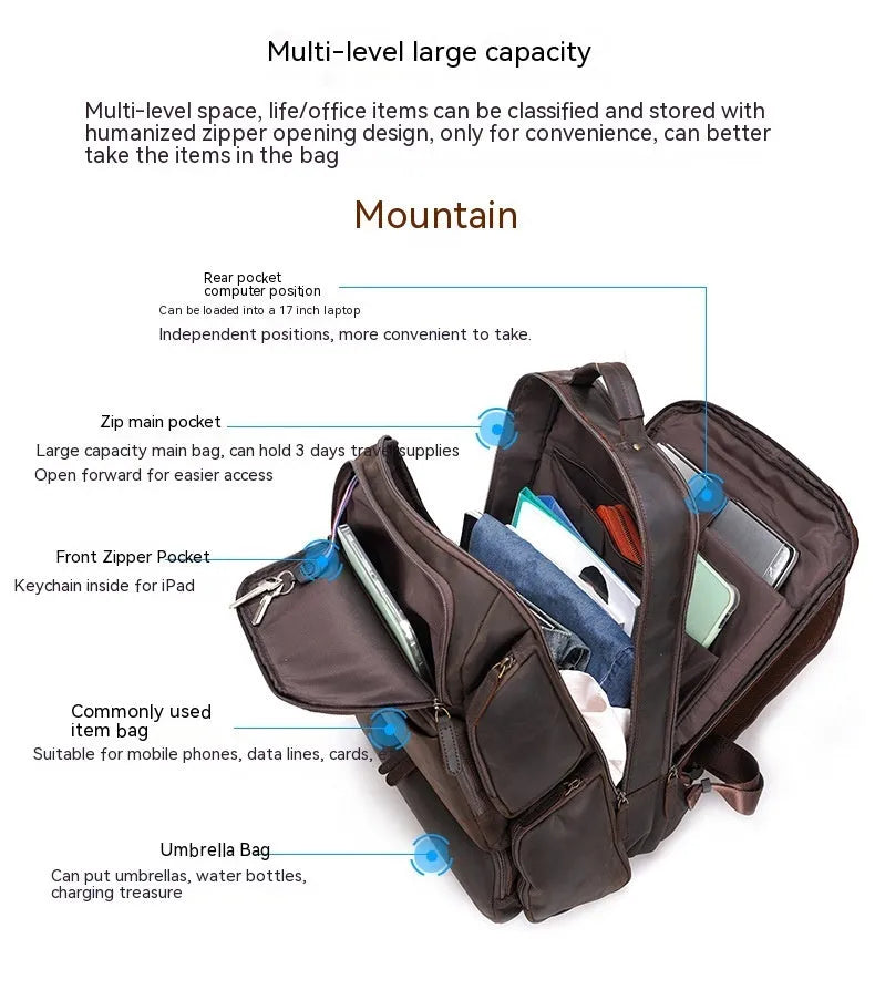 Dark brown genuine leather men's backpack showing 17-inch computer compartment and multiple interior pockets