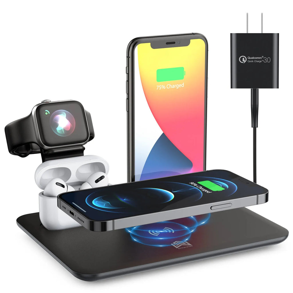 Black and white desktop wireless charger with phone pad, watch port, and headphone bracket.