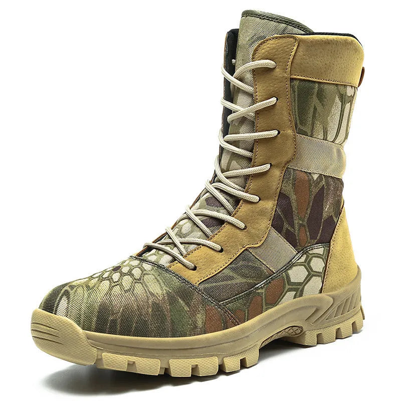 Men's black and camouflage high-top Martin boots with mesh upper and totem design in sizes 39-46