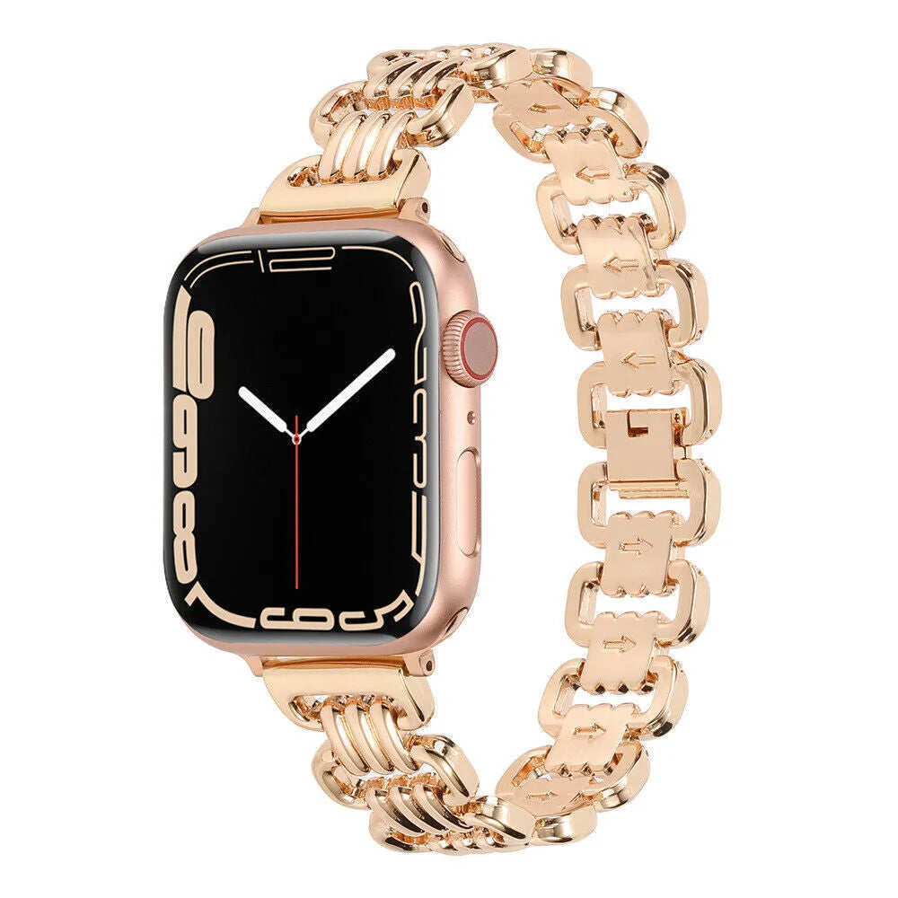 Alloy metal Apple Watch strap in silver, black, gold, rose gold, and Starlight colours on a watch case.