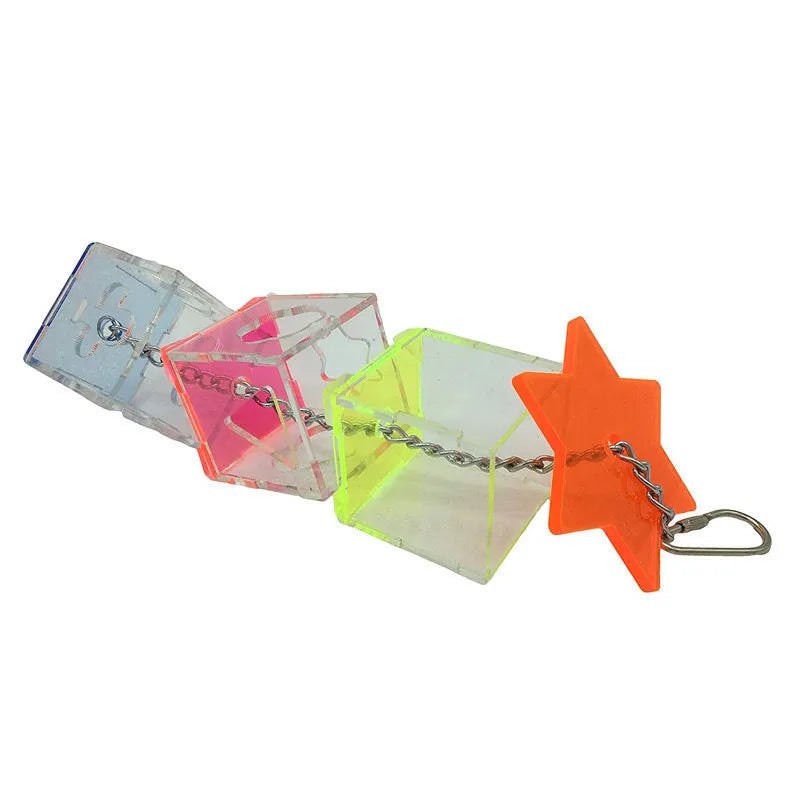 Clear acrylic parrot foraging toy measuring 32cm long with square cross-section