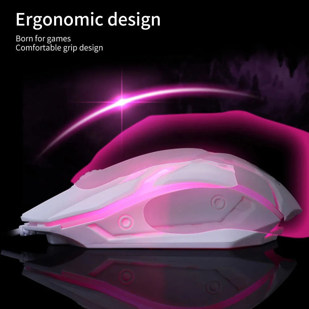 Wired desktop mouse with luminous glow effect showing black and white colour variants