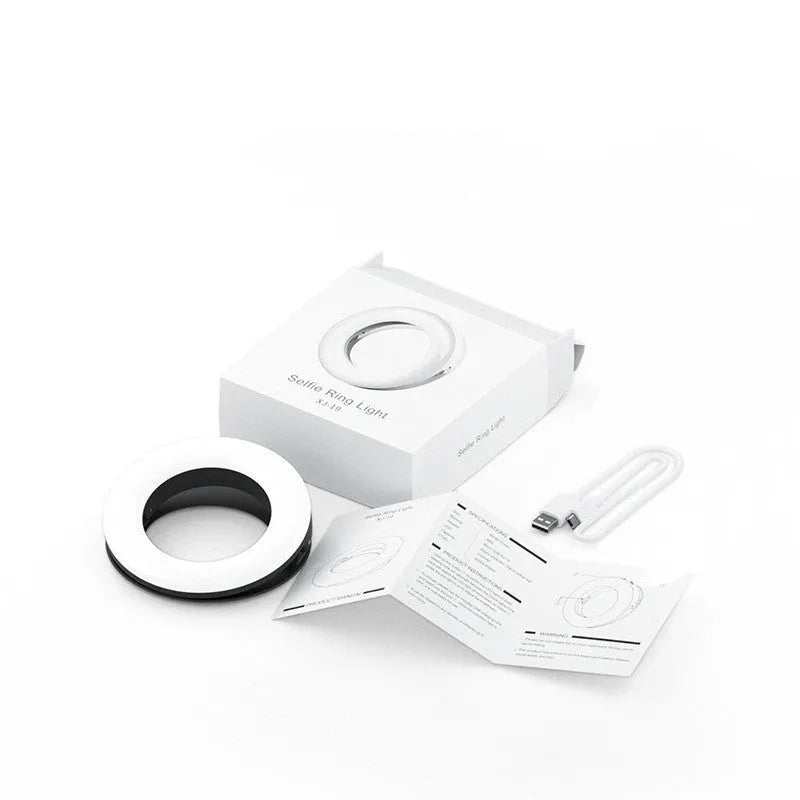 Black LED selfie ring light for mobile phones with USB cable for rechargeable photography lighting