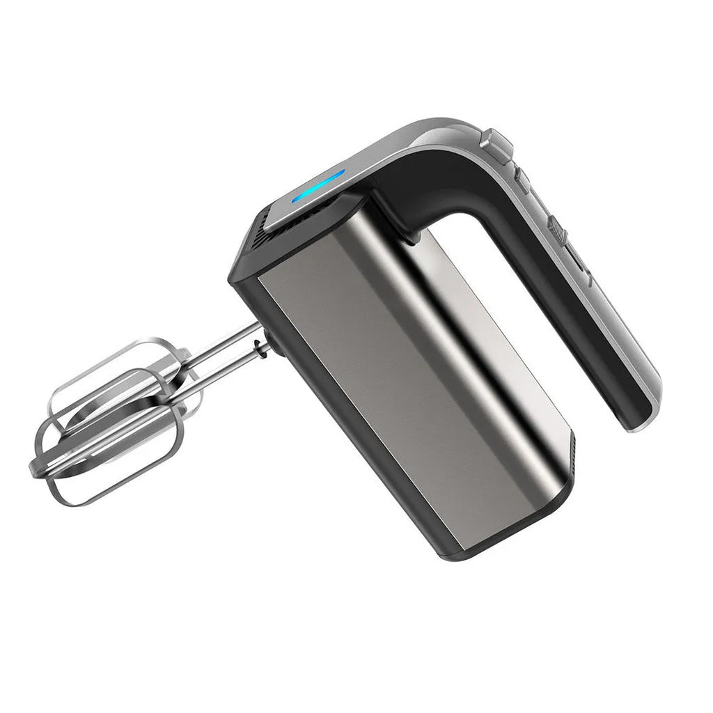 Silver handheld electric whisk with five-speed control dial and mixing attachments