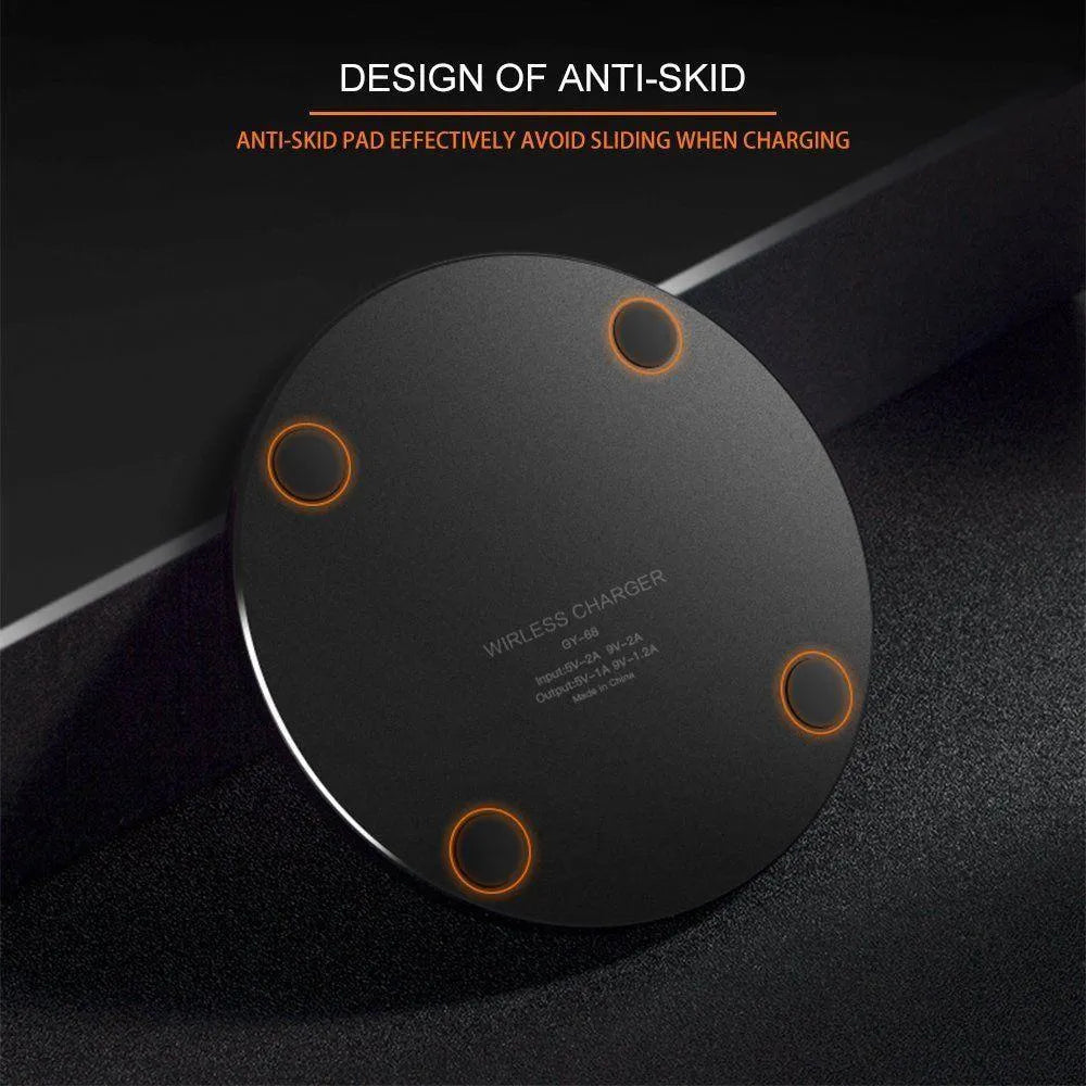 Black square ultra-thin wireless fast charging pad with 9V Qi support.