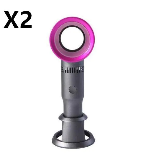 Compact portable bladeless fan in chosen colour on its base, with USB cable for charging.