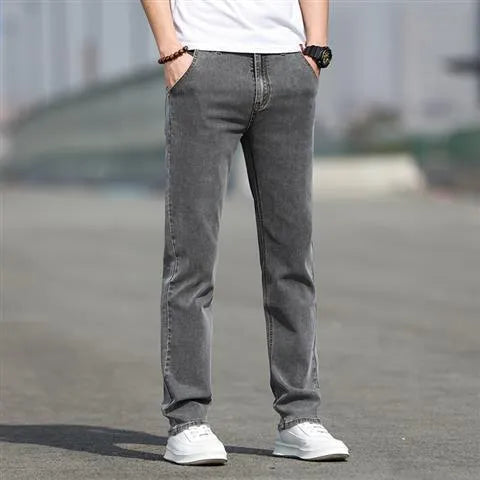 Men's straight leg jeans in smoky gray colour with low waist and zipper fly closure