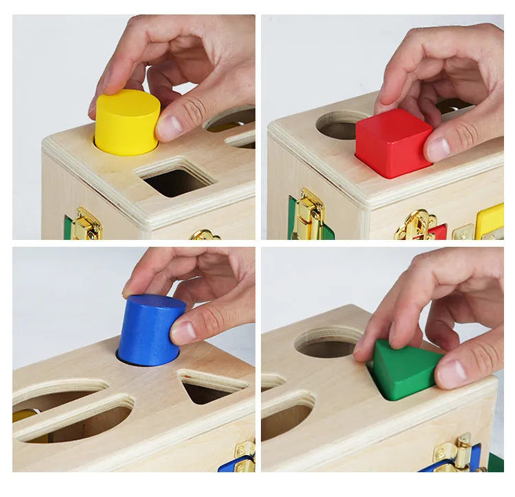 Wooden educational shape sorting box with 12 matching blocks for preschool children