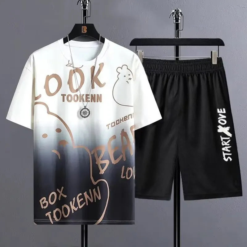 Men's light grey summer tracksuit consisting of a short sleeve t-shirt and matching shorts on a hanger.