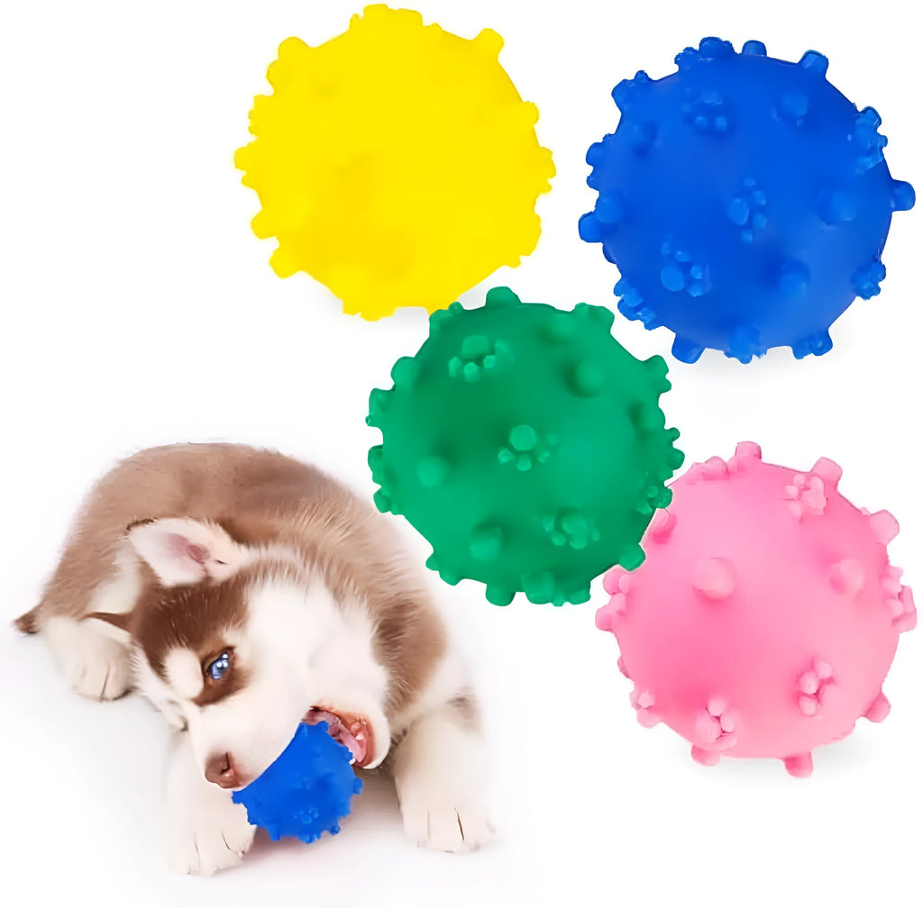 Four bright coloured spiky dog balls with paw print dimples, 2-inch diameter for small breed puppies