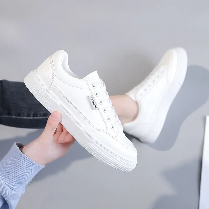 Korean style low top women's sneakers in white and brown colours