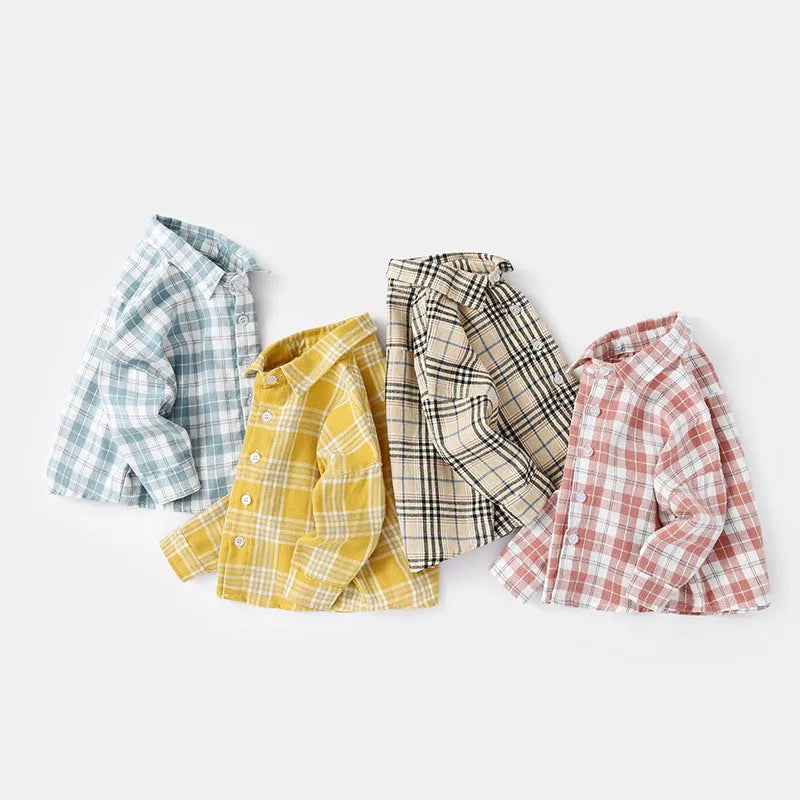 Boy's cotton lattice pattern shirt with long sleeves in khaki colour