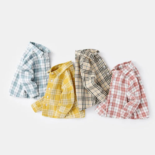 Boy's cotton lattice pattern shirt with long sleeves in khaki colour