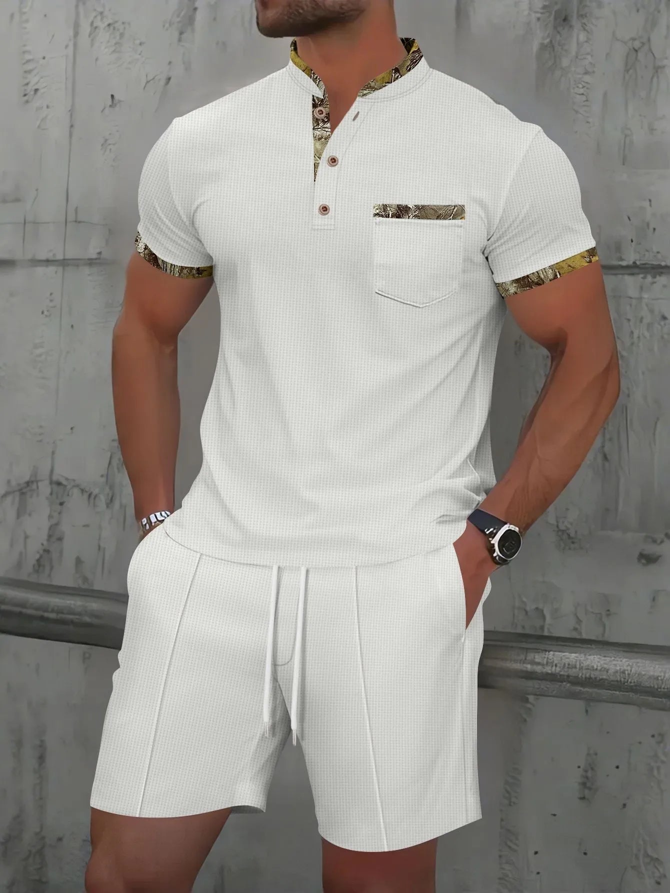Men's grey waffle texture zipper polo short sleeve top with matching shorts laid flat