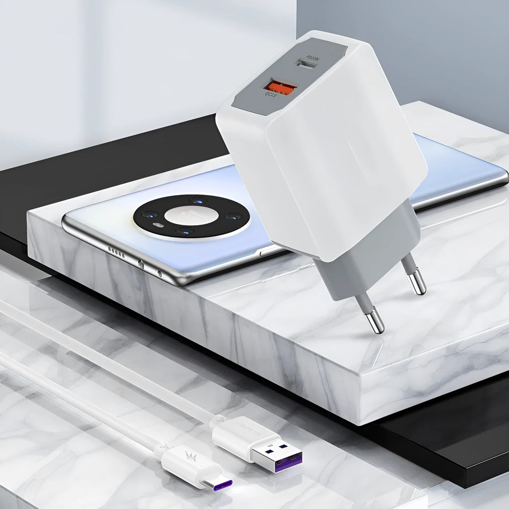 White European fast charger set with USB cable and compact packaging