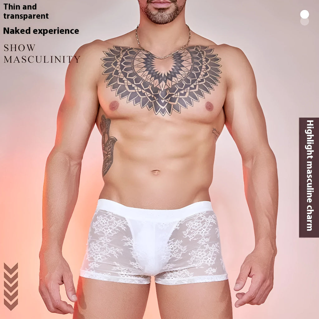 Men's lace boxers in nylon fabric showing black, white and red colour options