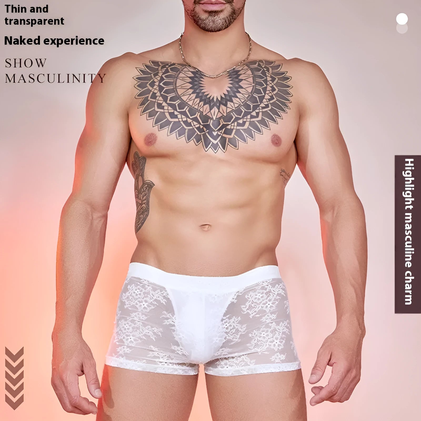 Men's lace boxers in nylon fabric showing black, white and red colour options