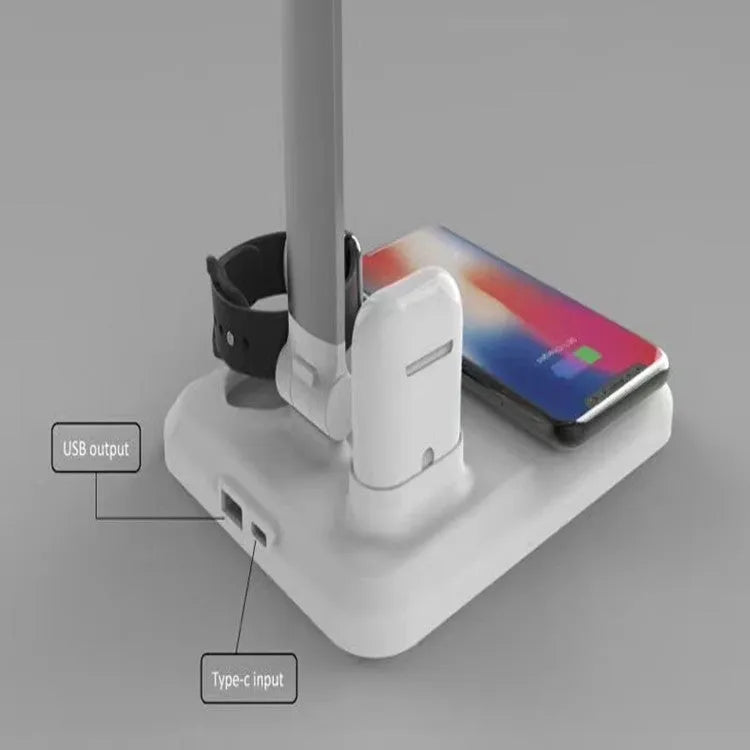 Black and white 4-in-1 LED desk lamp with wireless charging pad and Type-C port