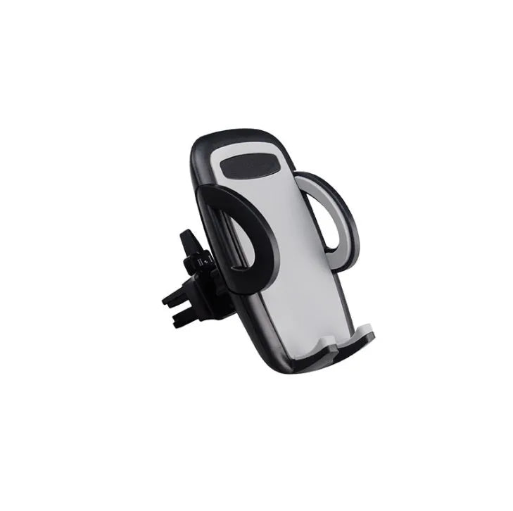 Black plastic car air vent mobile phone holder mounted on a car vent, holding a smartphone.