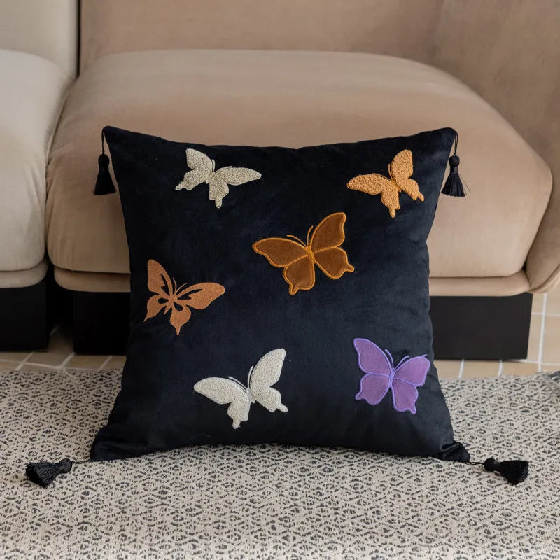Chinese style butterfly embroidery on 45cm square couch pillow in beige, black or purple
