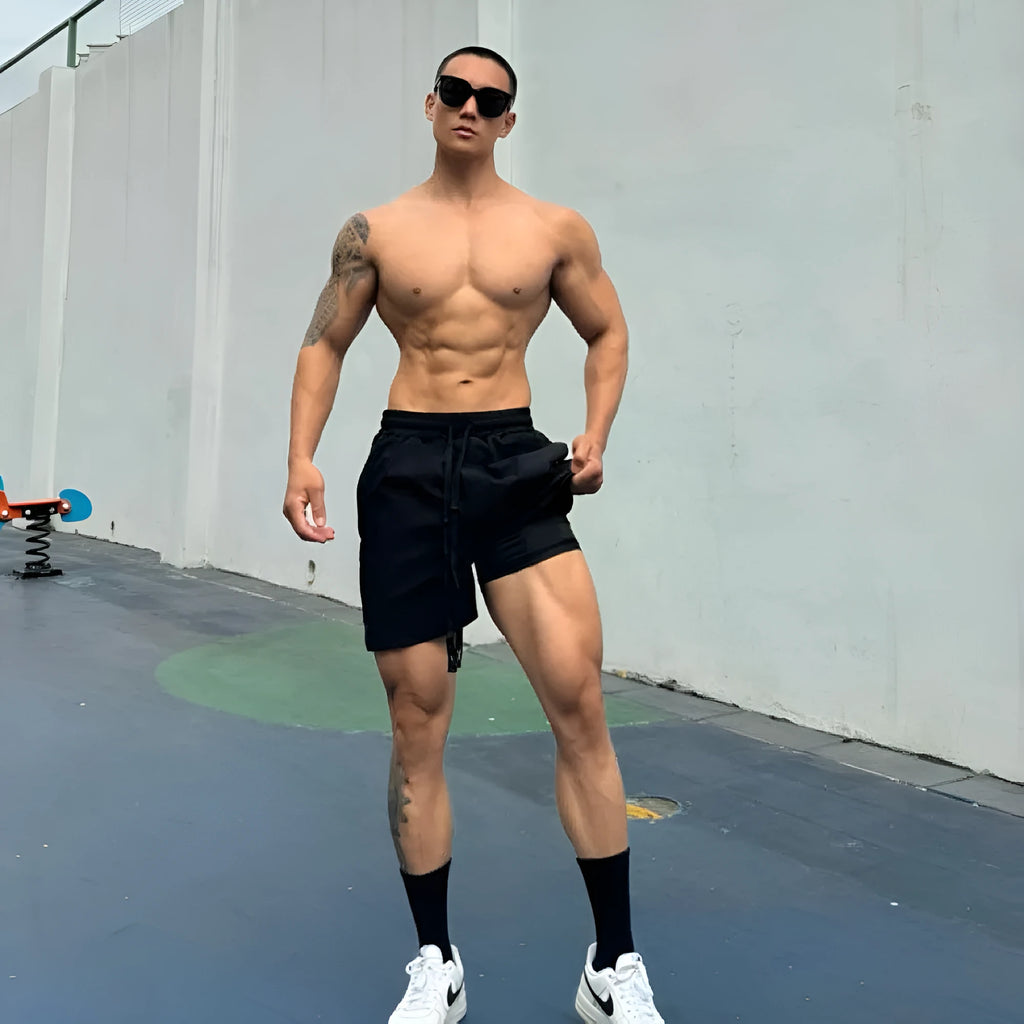 Men's ice silk quick-drying double-layer shorts in quarter-length casual style
