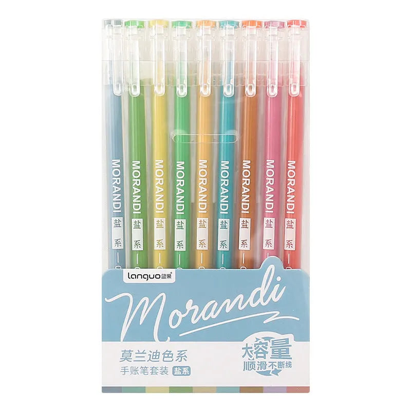Set of nine solid colour gel pens with 0.5mm needle tips in retro Japanese-style packaging