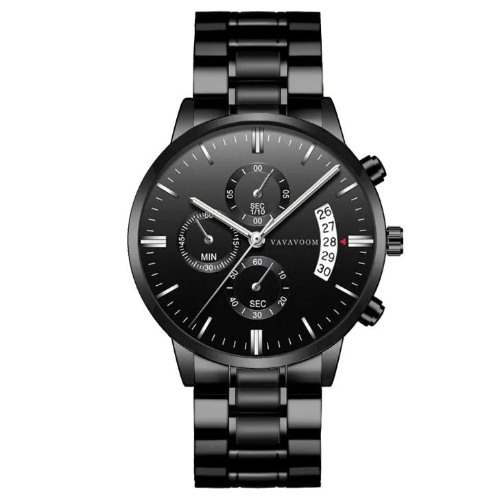 VA VA VOOM men's stainless steel watch with black dial and silver chain, showing round 43mm case and butterfly buckle.