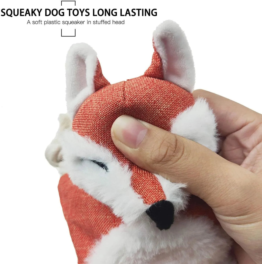 Brown fox plush dog toy with squeaker in head, crinkle paper body, and rope limbs for chewing