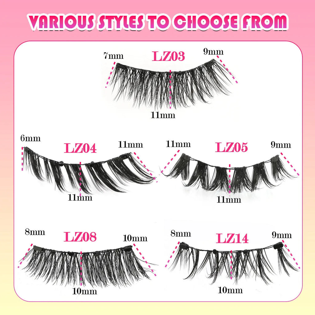 Set of reusable waterproof glue-free false eyelashes in artificial fibre, showing natural thick style.