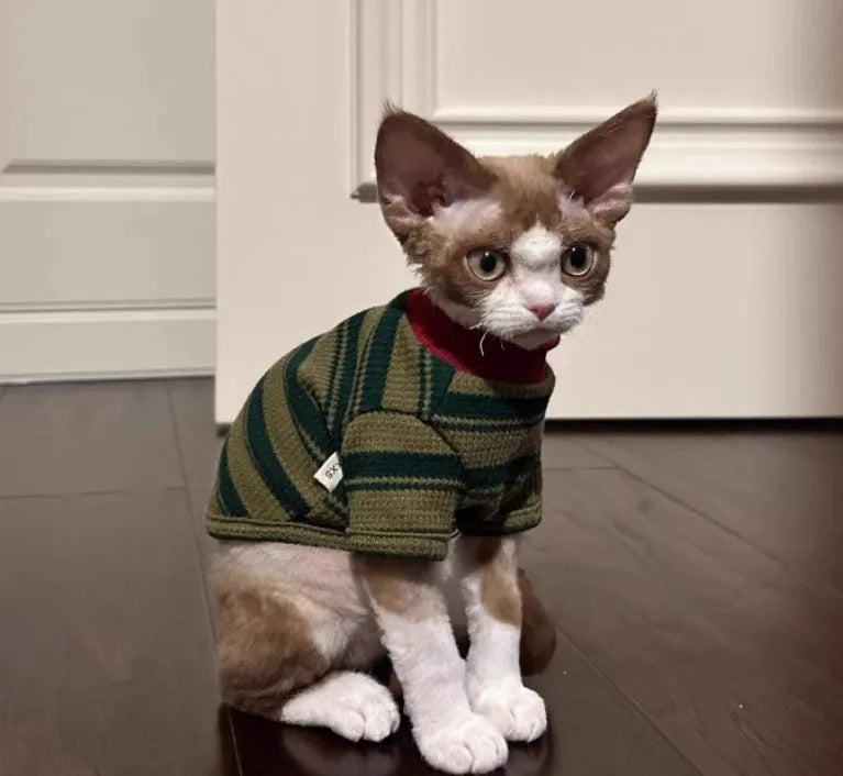 Green striped two-legged dog vest for small pets, autumn casual pet clothes with folded edges