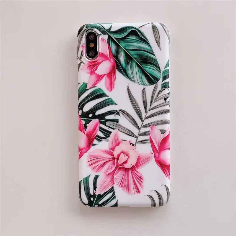 Pink flowers pattern floral design TPU phone case for Apple iPhone models on white background