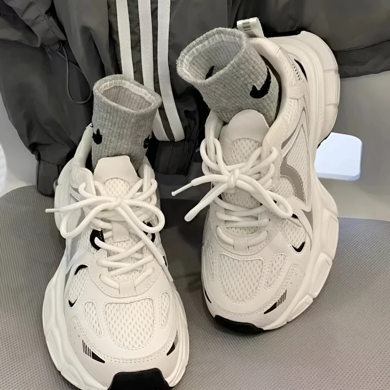 Beige mesh platform sports shoes with wedge heel and lace-up front