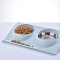 Stainless steel pet double bowl with PP base, 37.5x24x7.5cm, in green, pink, or blue