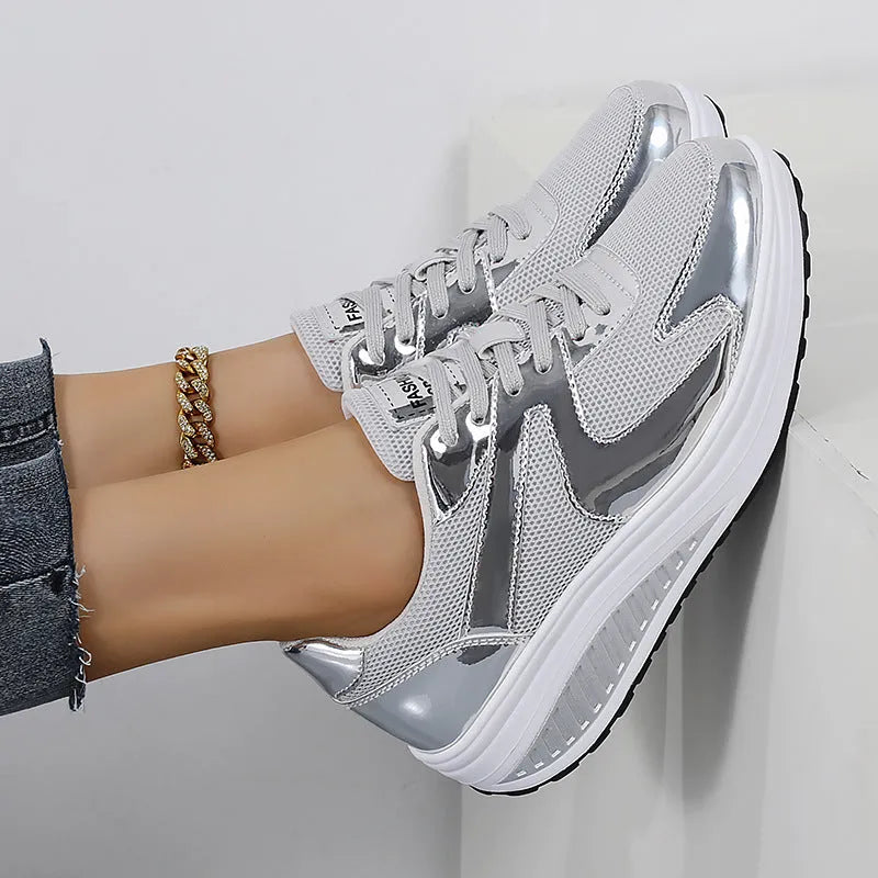 Women's gold platform casual shoes with mesh upper and cross strap design showing 3-5cm heel height
