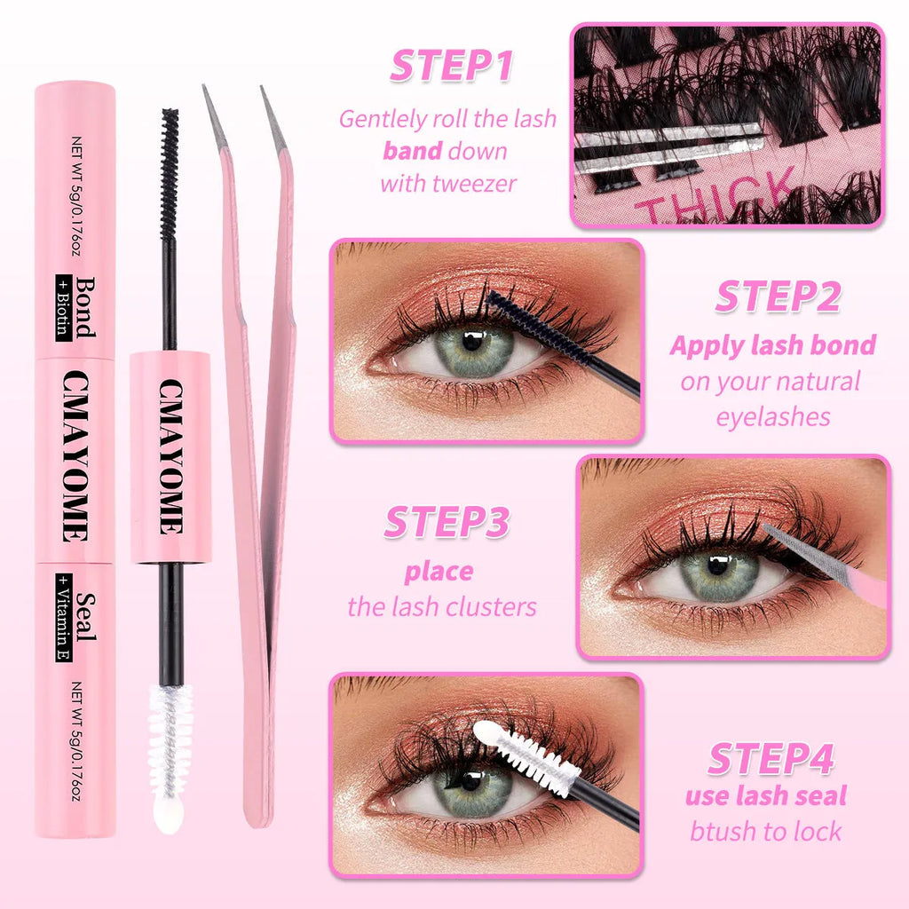 DIY false eyelashes extension kit showing single cluster synthetic lashes and lash tweezers