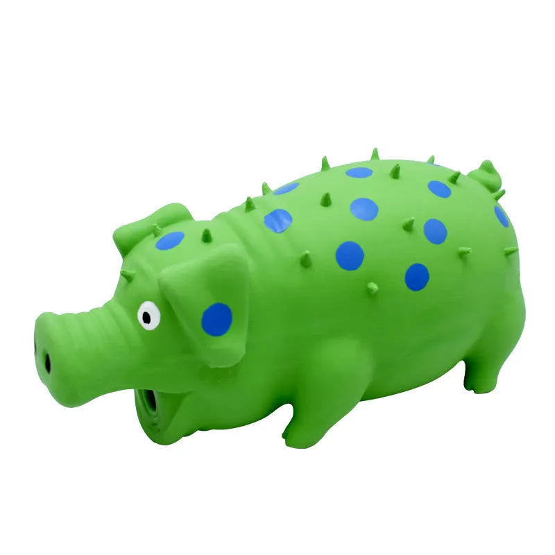 Latex pig-shaped dog chew toy with textured surface and squeaker in multiple colour options