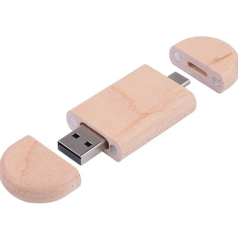 Red wooden USB flash drive with phone U-disk function in a maple gift box, showing custom engraving.