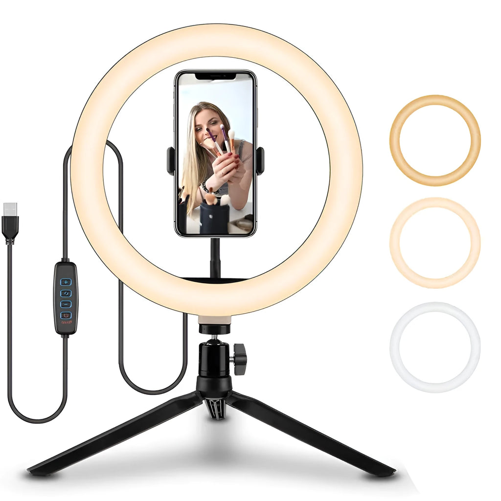 10-inch smartphone ring light with adjustable metal bracket for selfies and video recording