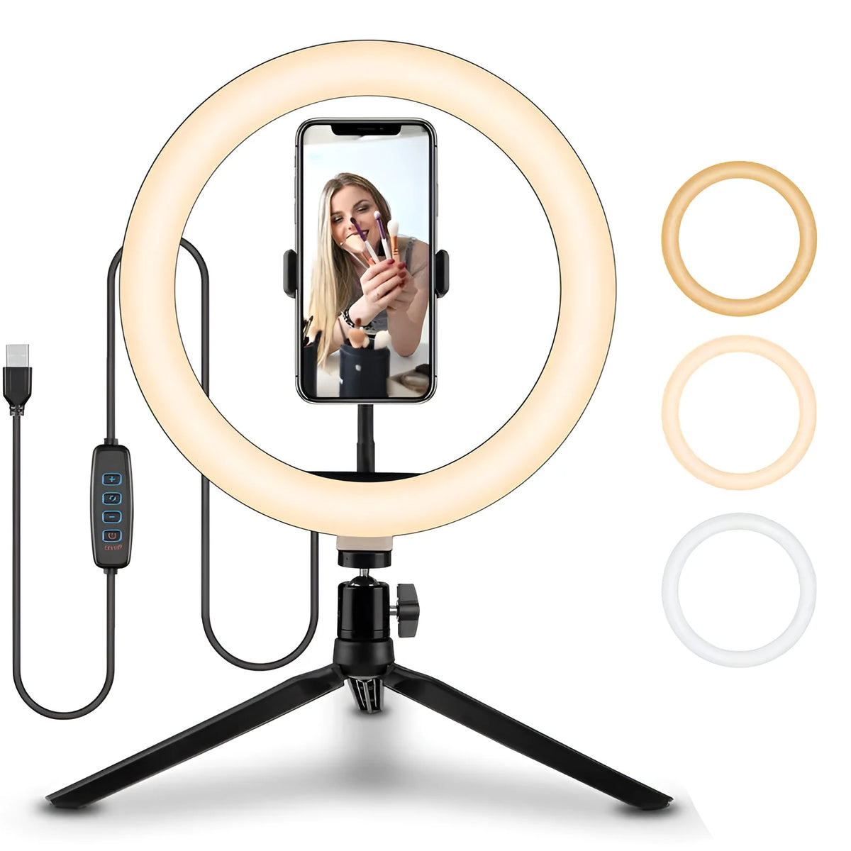10-inch smartphone ring light with adjustable metal bracket for selfies and video recording