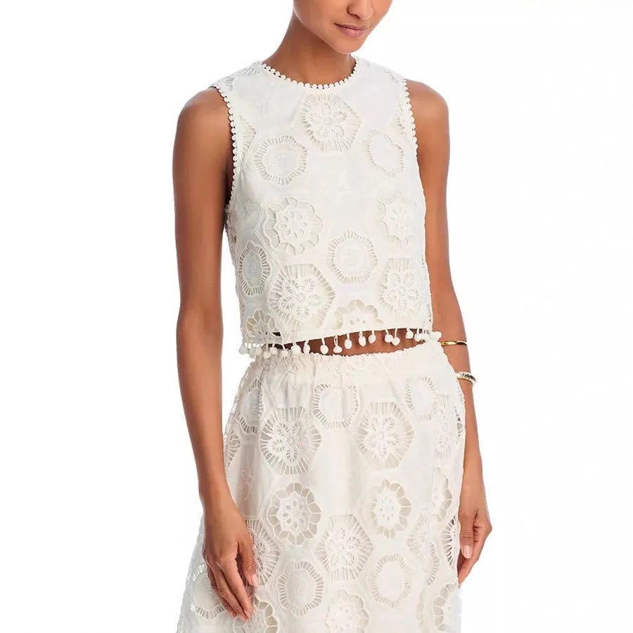 White women's sleeveless top and long embroidered skirt retro suit set